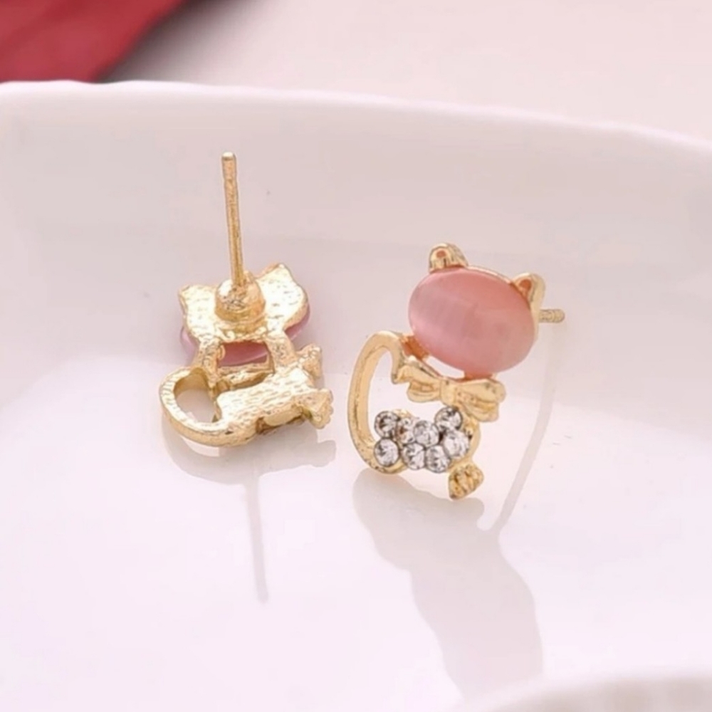 Pink Opal Rhinestone Gold Cat Earrings ✨️ - Picture 6 of 9